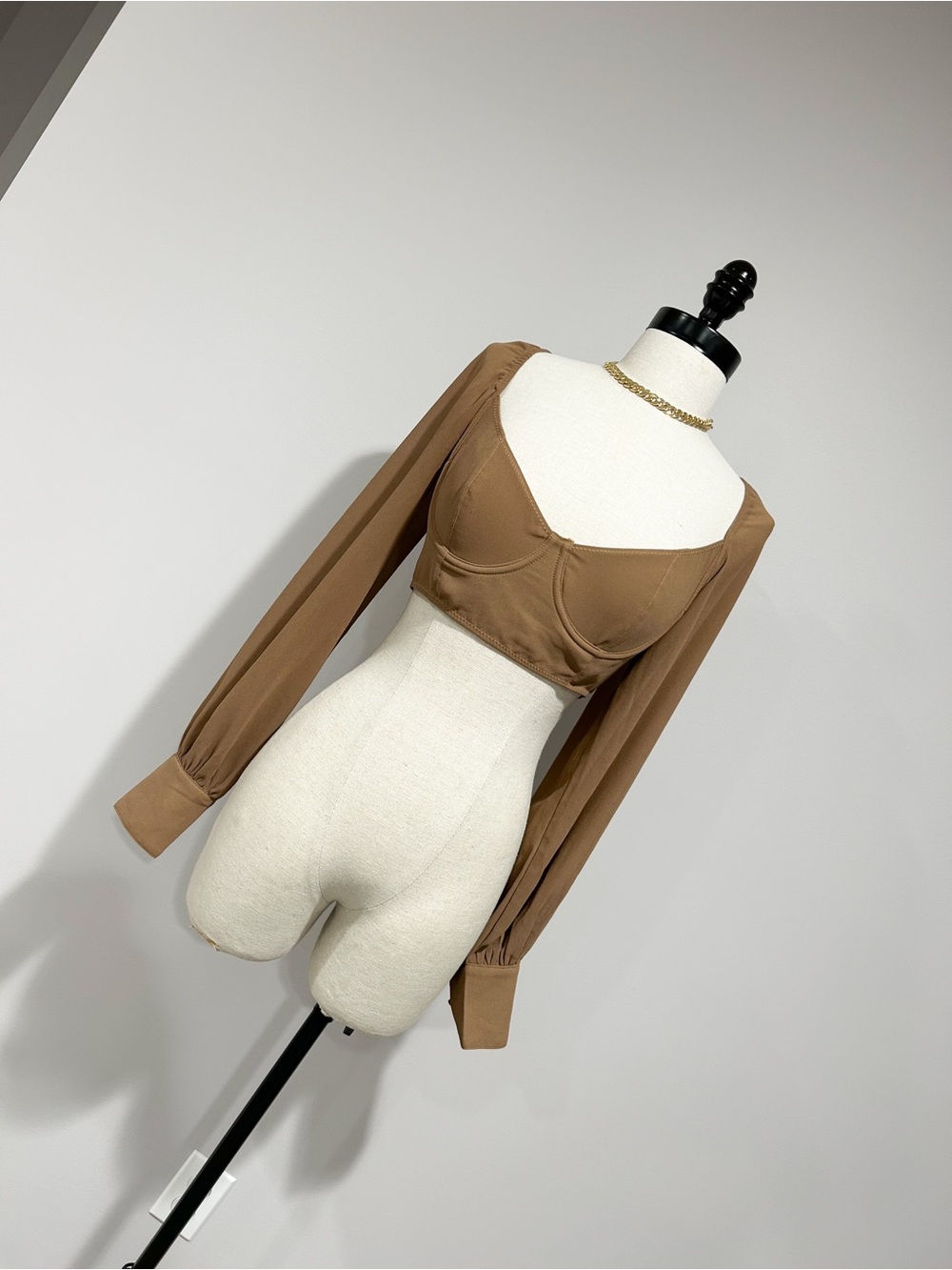 White Fox Boutique Brown Long-Sleeve Bustier Crop Top